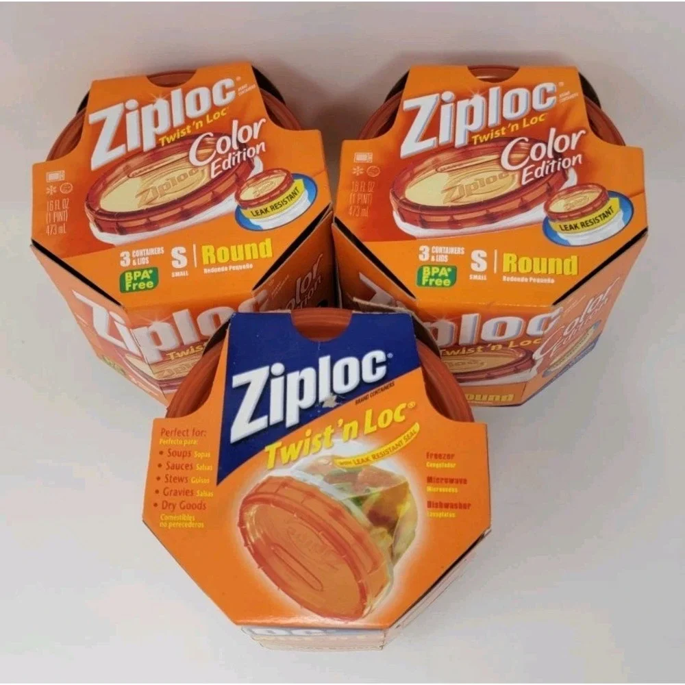 3 Packs NOS Ziploc Twist 'n Loc Lock Orange Color Edition Small Round Containers